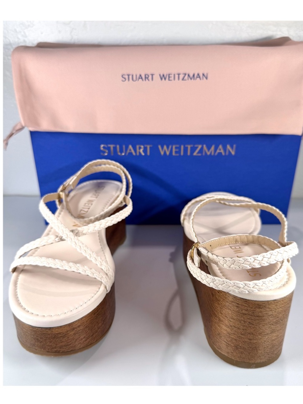 STUART WEITZMAN NIB WOVETTE SEASHELL WALLNUT WOOD WEDGE SANDAL. SIZE 9 B - Picture 4 of 16